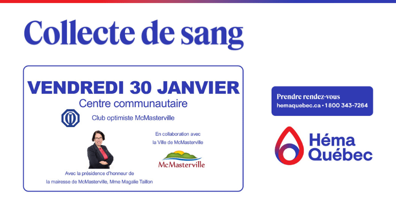 Collecte de sang Héma-Québec à McMasterville le 30 janvier