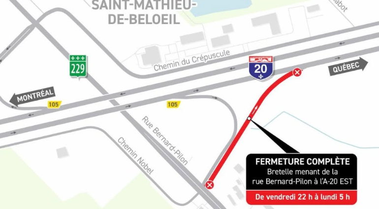 Fermeture complète de la bretelle d’entrée 105 vers l’autoroute 20 est pendant deux fins de semaine